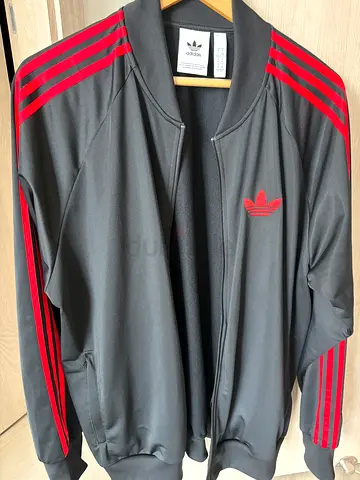 Adidas Originals Black Track Jacket with Red Stripes - Size L