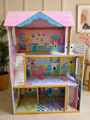 Wooden 3-Level Dollhouse with Furnished Print Interiors - Good Condition
