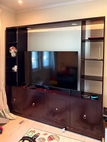 Dark Wood Entertainment Center with Shelving and Cabinets