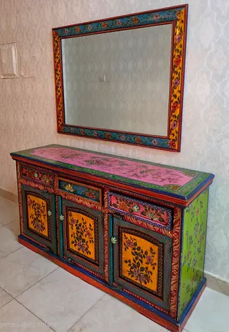 Hand-painted Wooden Sideboard with Matching Mirror - Colorful Floral Design