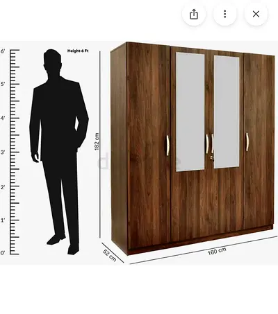 4 Door Wooden Wardrobe with Mirrors - 160cm Width, Dark Wood Finish