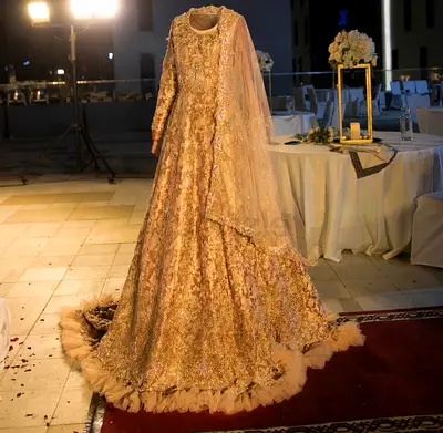 Embroidered Beige Bridal Lehenga Gown with Dupatta - Size M