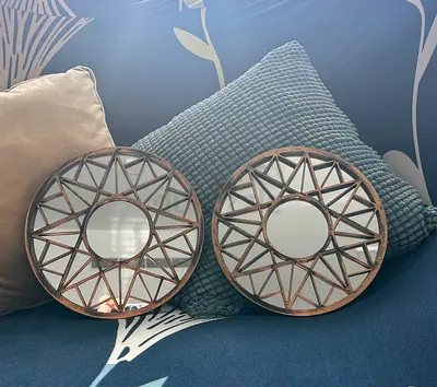 Pair of Decorative Round brass look Mirrors with Geometric Frame 2pc set