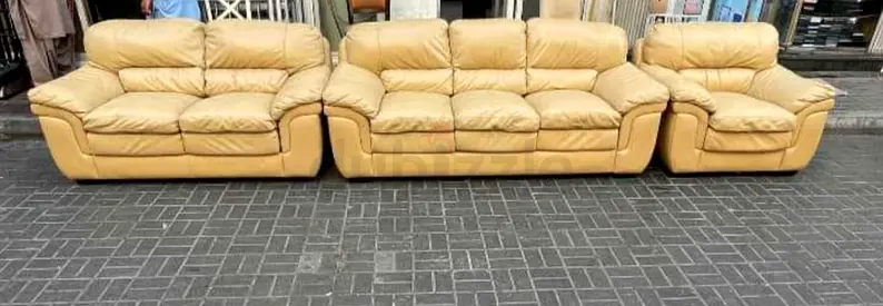 Beige Leather 3-Piece Sofa Set - Good Condition