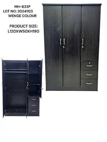 Modern 3 Door Wenge Wardrobe with Mirror and Drawers