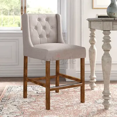 Tufted Fabric Counter Stool with Wooden Legs - Light Grey