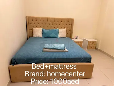 King size upholstered bed with IKEA premium mattress - beige, excellent condition