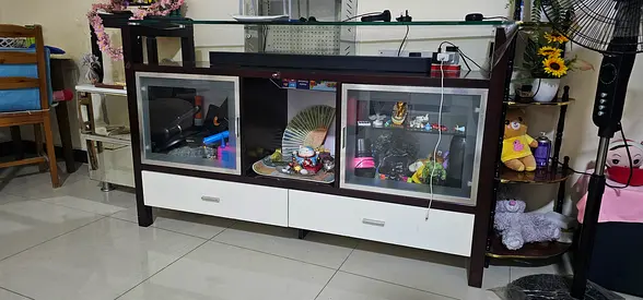 Wooden TV Entertainment Unit with Glass Display and Drawers