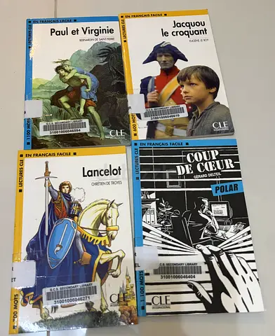 Set of 4 French graded readers — Paul et Virginie, Jacquou le croquant, Lancelot, Coup de Coeur