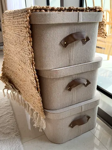 Set of 3 Fabric Storage Bins with Leather Handles - Light Beige