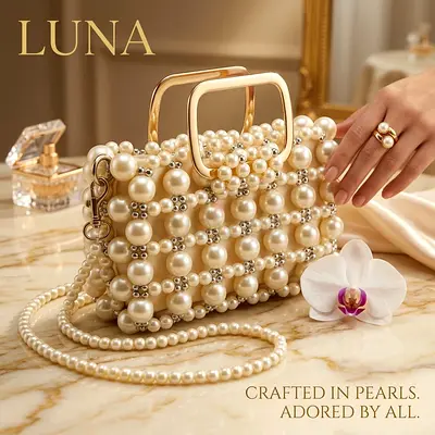 Luna Pearl Beaded Handbag with Golden Handles and Crossbody Chain