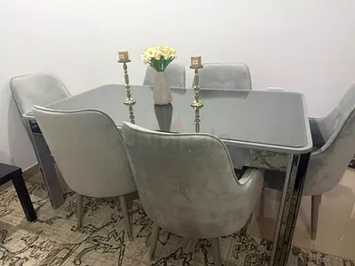 6-Seater Grey Velvet Dining Table with Glass Top