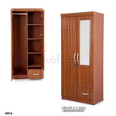 Brand New furnitures 2-Door Wooden Wardrobe with Mirror and Drawers - 80x45x185 cm