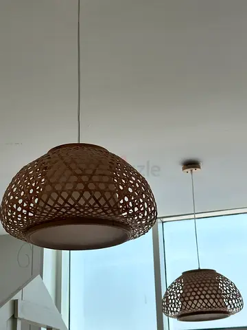 Pair of woven rattan pendant lamps - natural finish