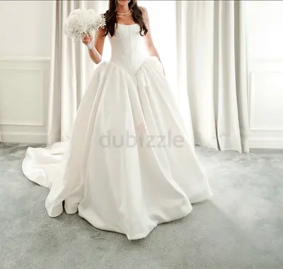 White Satin V Waistline Corset Ball Gown Wedding Dress,  - Classic Bridal Gown