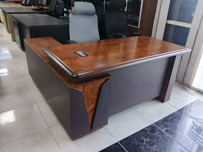 Large Executive L-Shaped Wooden Office Desk with Return - Dark Wood Finish