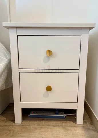 Matching Pair of Wooden Nightstands, White with Gold Hardware