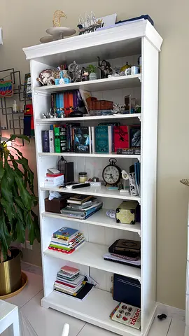 Large White Wooden Bookshelf with Multiple Shelves — Good Condition