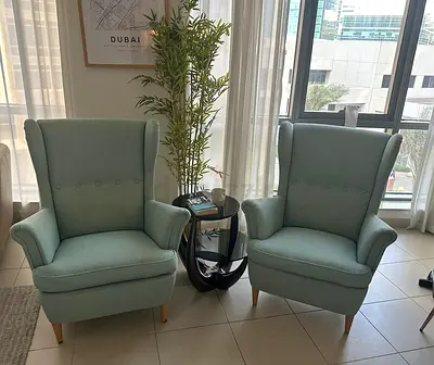 Pair of Mint Green Wingback Armchairs — Excellent Condition