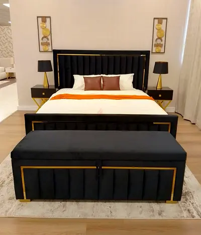 6 months old King-size upholstered bed in black velvet with Bonel spring mattresses