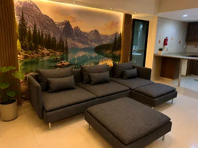 Modern L-Shape Sofa with Ottoman. Premium fabric, soft cushions, stylish design. Perfect for any liv