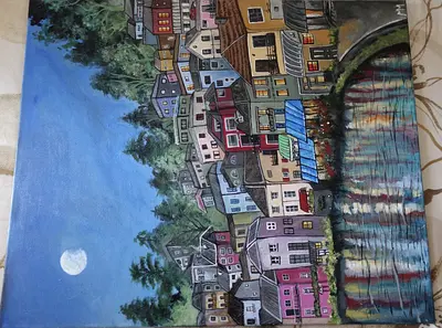 European Riverside Village Canvas Painting