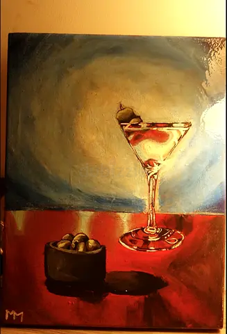 Martini glass and olives still life painting