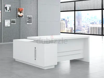 Modern White Executive Office Desk with Side Storage