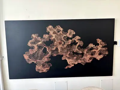 Large Abstract Wooden Wall Art with Copper Dot Design on a Black Panel