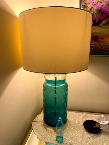 Modern Blue Glass Base Table Lamp with Cream Shade set of 2