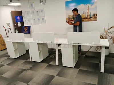 Long white office workstation desk for  with storage pedestals