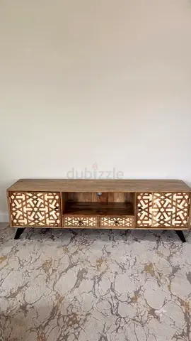 Modern Wooden TV Stand with Geometric Carved Details