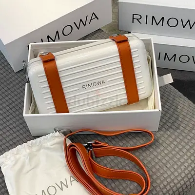 Rimowa Compact White Hard Case Crossbody Bag with Tan Straps
