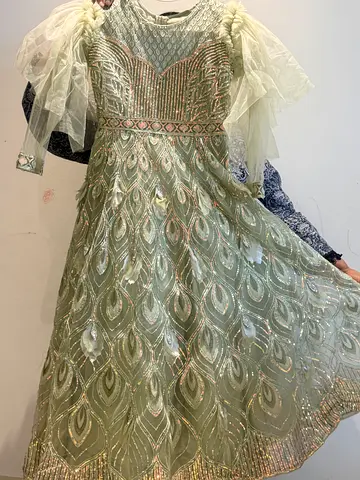 Light Green Embellished gown Dress with Puff Sleeves - kids age 6-10