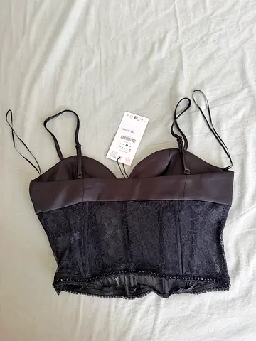 ZARA - Black lace corset crop top with satin trim, new with tags
