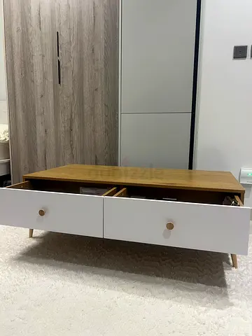 Wooden coffee table with two drawers - light oak and white