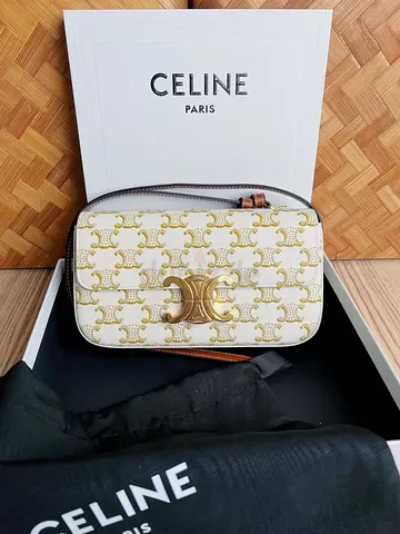 Celine Claude Shoulder Bag in White Triomphe Canvas