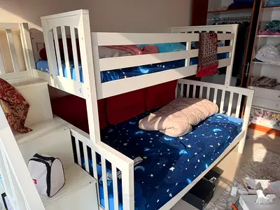 White Wooden Bunk Bed with Staircase and Trundle - Good Condition