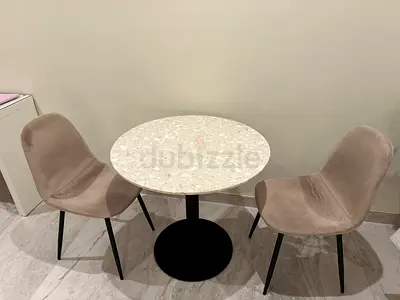 Round terrazzo dining table with 2 velvet chairs. Selling half price because of moving