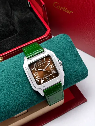 Cartier Santos with Brown Dial and Green Leather Strap - Automatic