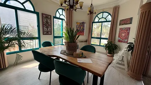 Solid Wood Dining Table with Green Velvet Chairs