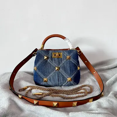 Valentino Roman Stud Small Top Handle Bag In Denim
