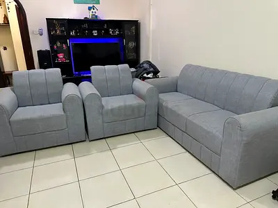 3-piece grey fabric sofa set — 2 armchairs + 1 three-seater