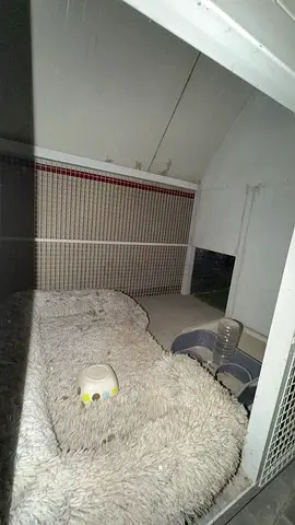 Small indoor pet enclosure with bed, water bottle and feeding bowl