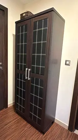 Shoe rack, Dark wood freestanding wardrobe / storage cabinet with glass-paneled doors