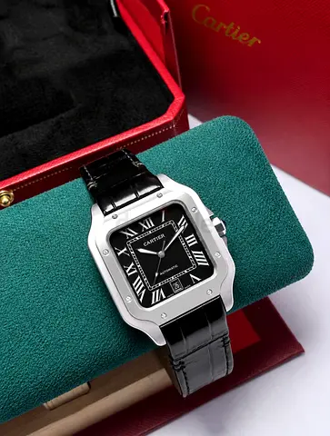 Cartier Santos-style mens leather strap watch - black dial, automatic