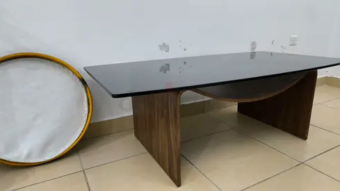 Modern Black Glass Coffee Table with Wooden Base