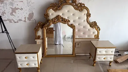 Ornate Gold Ivory Tufted Headboard with Matching Nightstands and Mirror