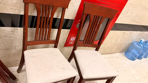 Wooden Dining table and 6 Chairs with Beige Cushions - Good Condition