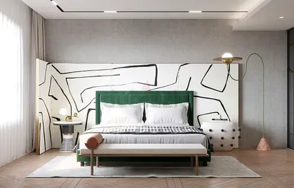 Modern king-size bed with upholstered green headboard